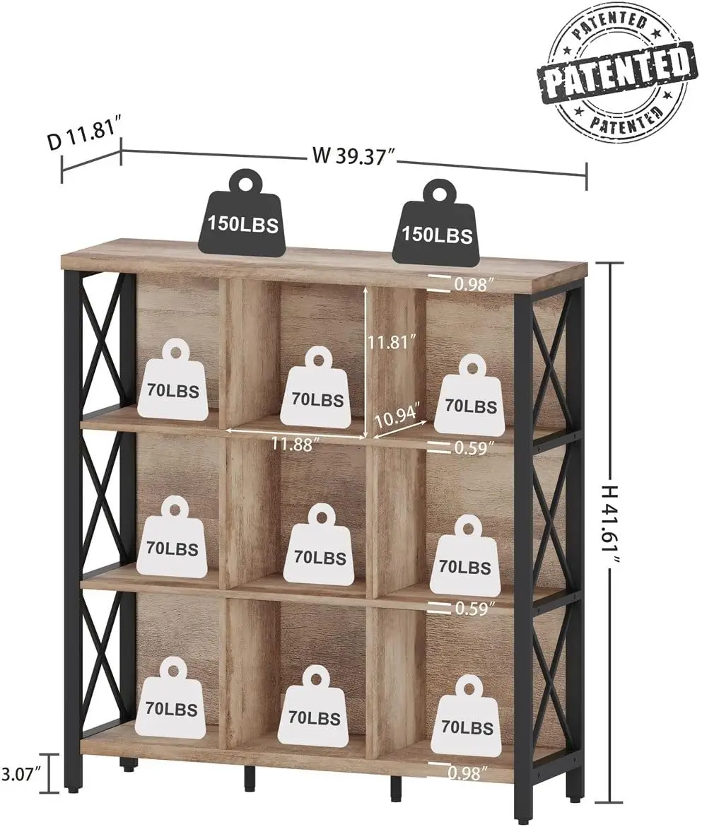 9 Cube Storage Bookshelf, Industrial 4 Shelf Book Shelf, Farmhouse Wood and Metal Cubby Bookcase for Home Office