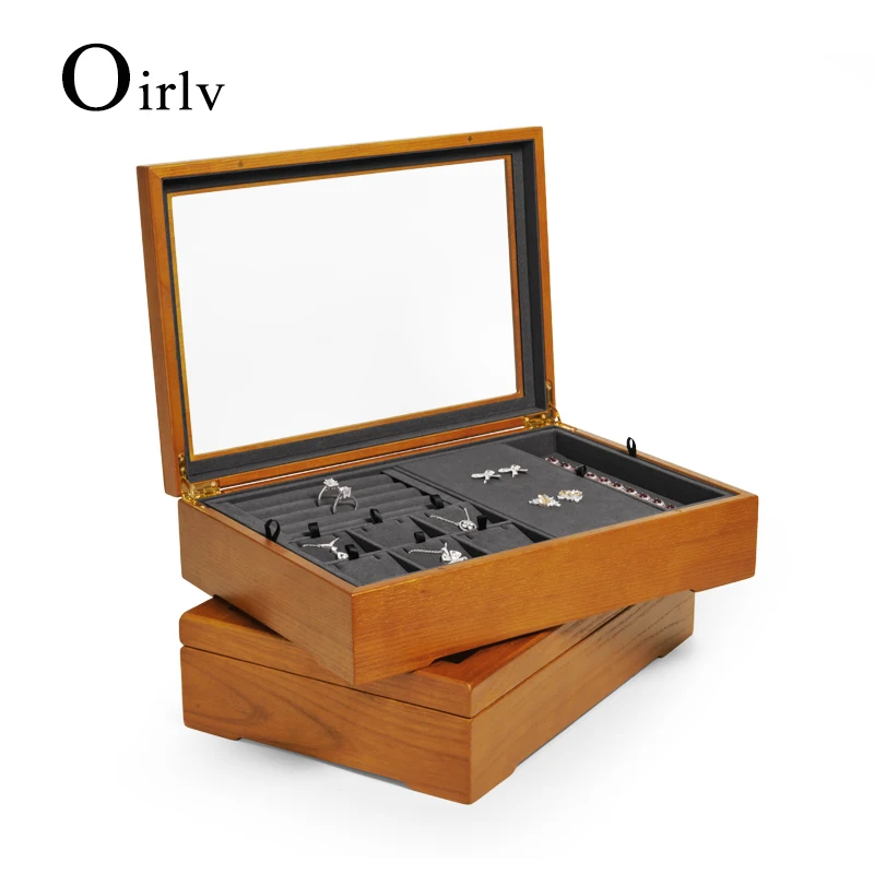 

Oirlv Wooden Jewelry Box 2-layer Jewelry Organizer Box with Clear Lid for Jewelry Display Grid Tray Wooden Storage Box Organizer