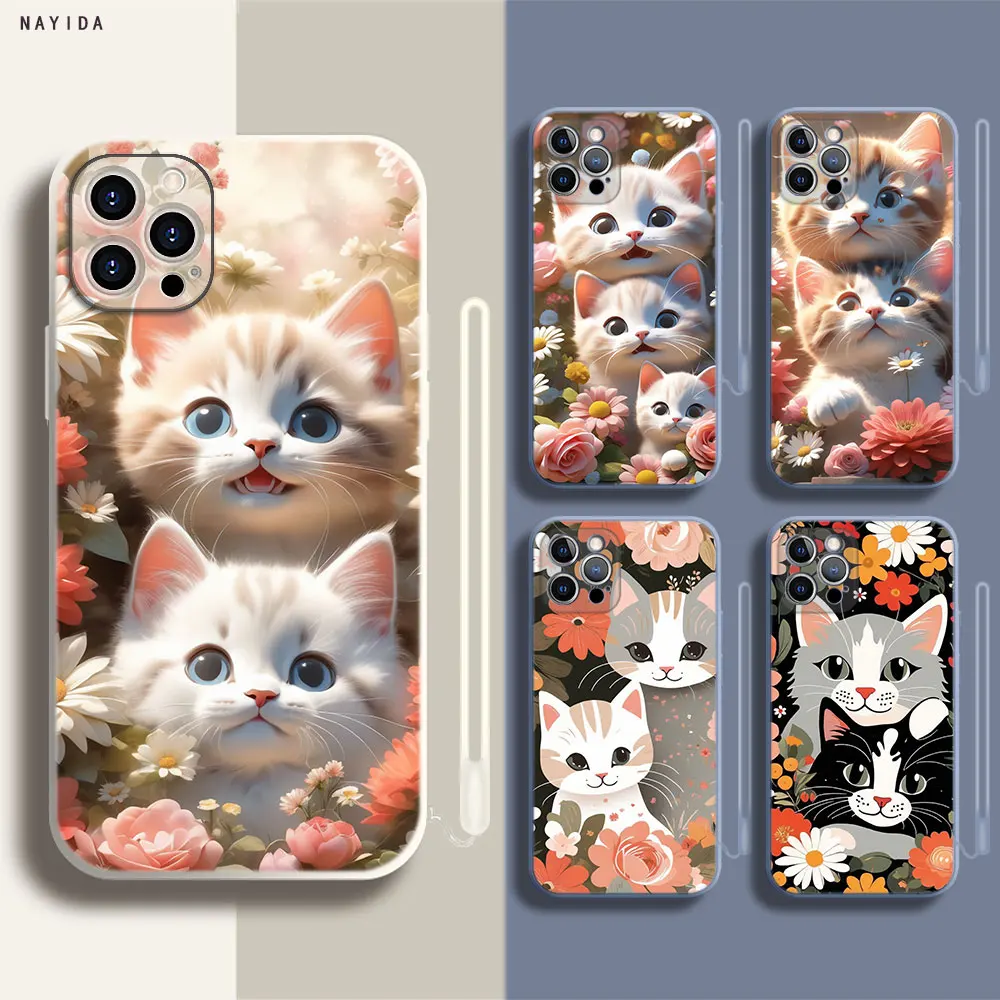 Soft Silicone Phone Case For Apple iPhone 15 14 13 12 11 Pro X XS Max XR Plus Mini Cover The little cat in the flower group