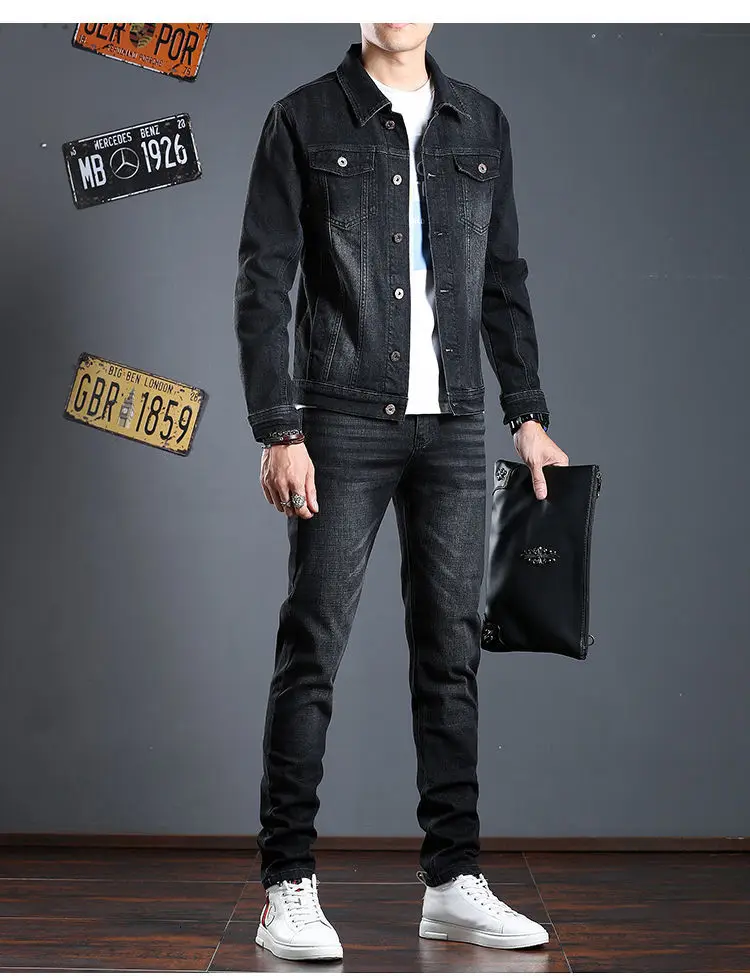 

2025 GL Slim-Fit Men's Denim Business Outfit Two Pieces of Comfortable Stretch Fabric for Everyday Use, Dark Blue Simple Design