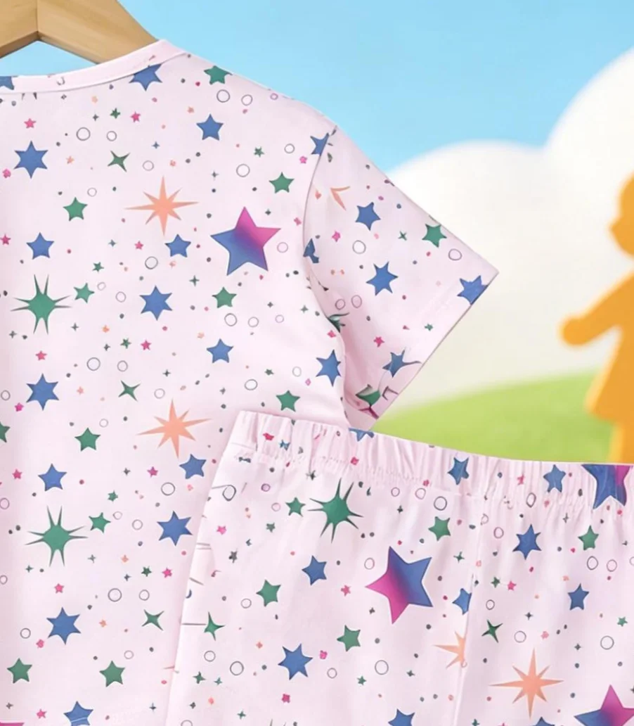 Set mit Einhorn-Print für Mädchen, rosa, kurzärmelig, mit Stern-All-Over-Print, Shorts im süßen Stil – Detail 6