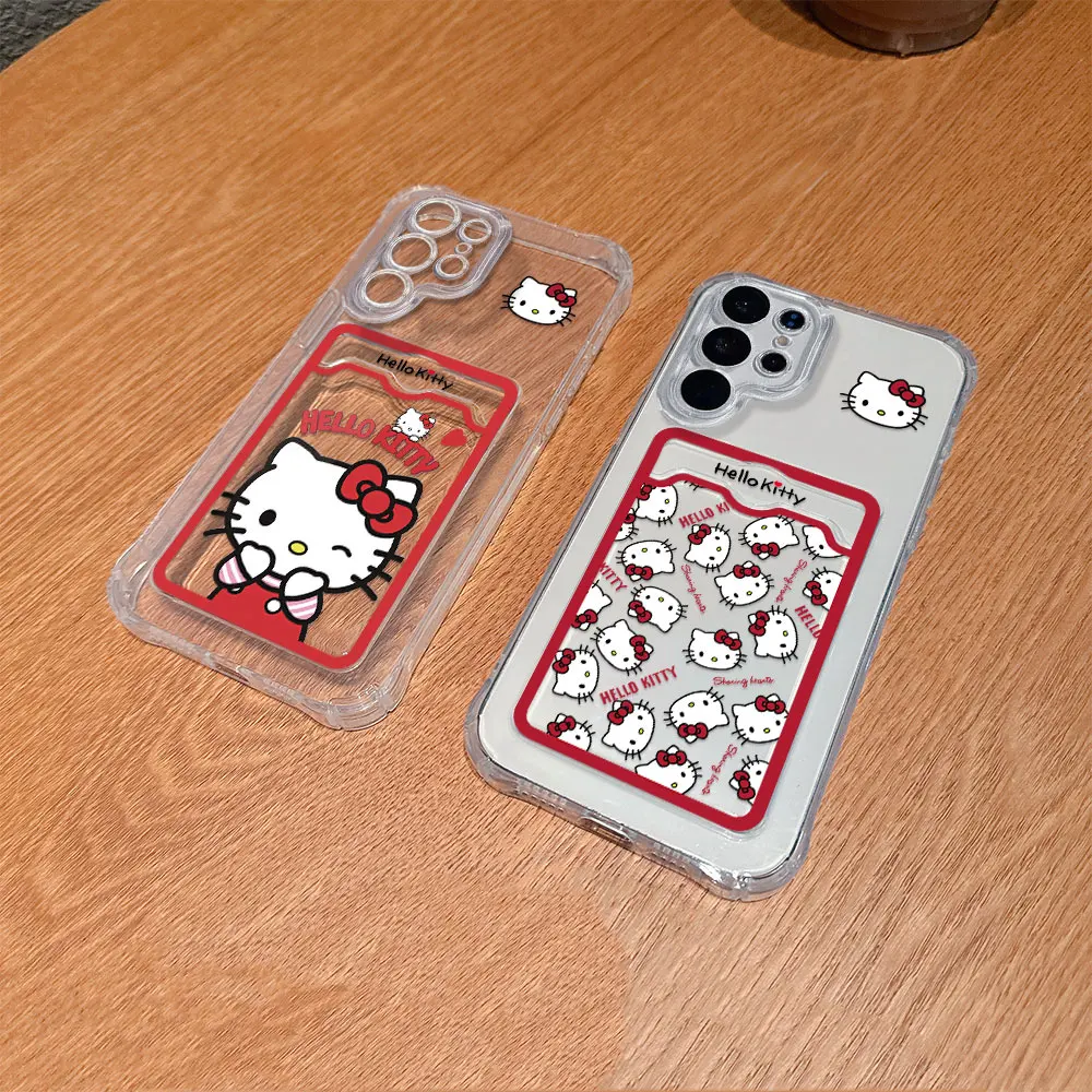 Cartoon Hello Kitty Hot Funny Card Hold Phone Case For Samsung S24 S23 S22 S21 S20 FE Plus Ultra M54 5G Anti-fall Clear Cover