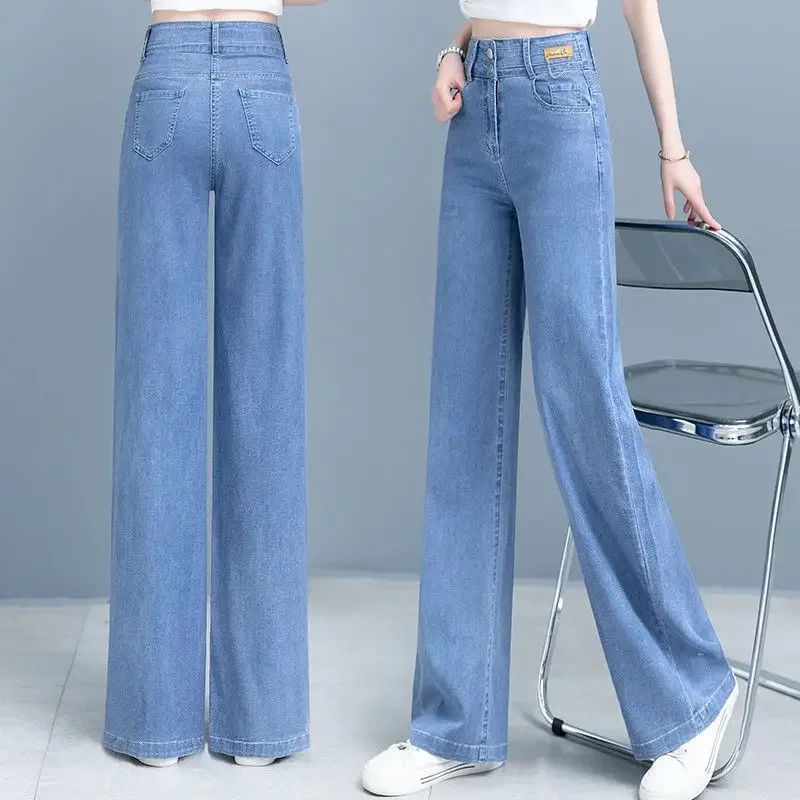 Celana Jeans Wanita Musim Semi Gugur Model Korea Terbaru, Kaki Lebar, Pinggang Tinggi, Potongan Lurus, Warna Khaki, untuk Remaja Putri