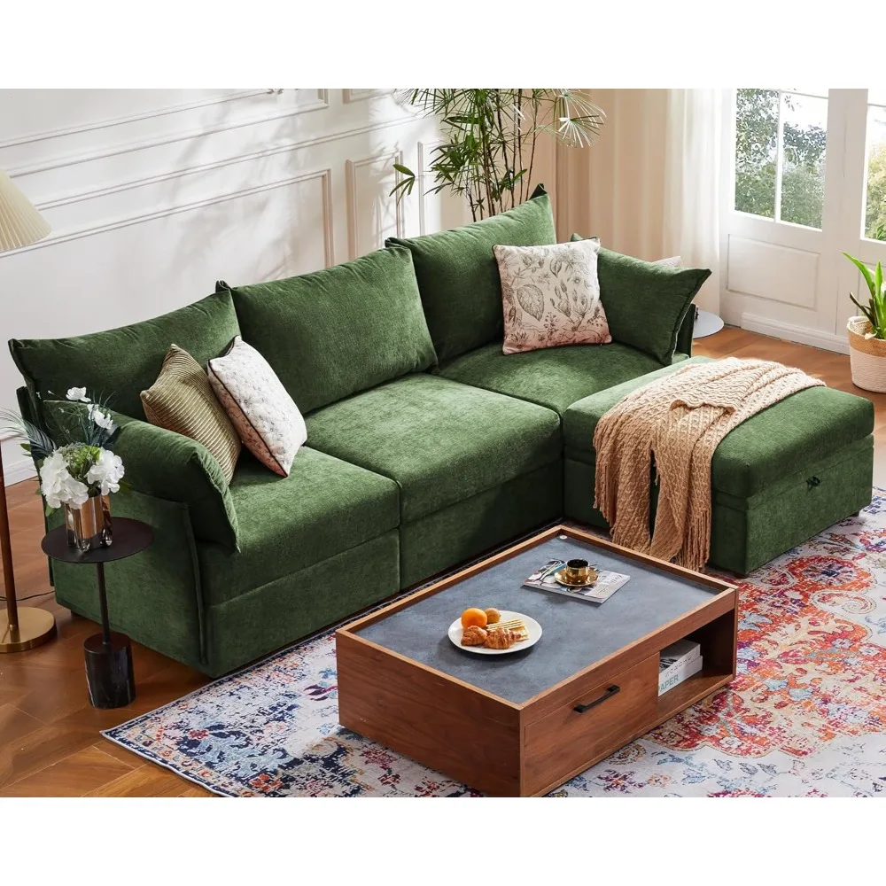 Modular segmented L-shaped sofa for living room, comfortable cloud sofa for 3 people, movable storage ottoman