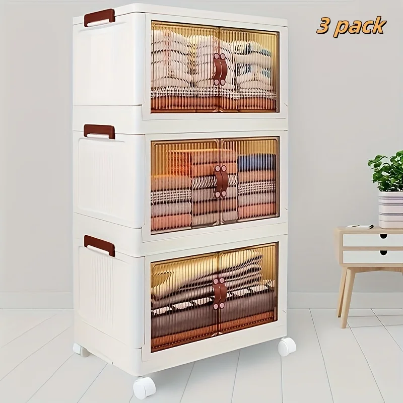 

3-Pack Stackable Storage Bins with Rolling Drawers-Space-Saving,Foldable Design for Easy Closet & Book Organization