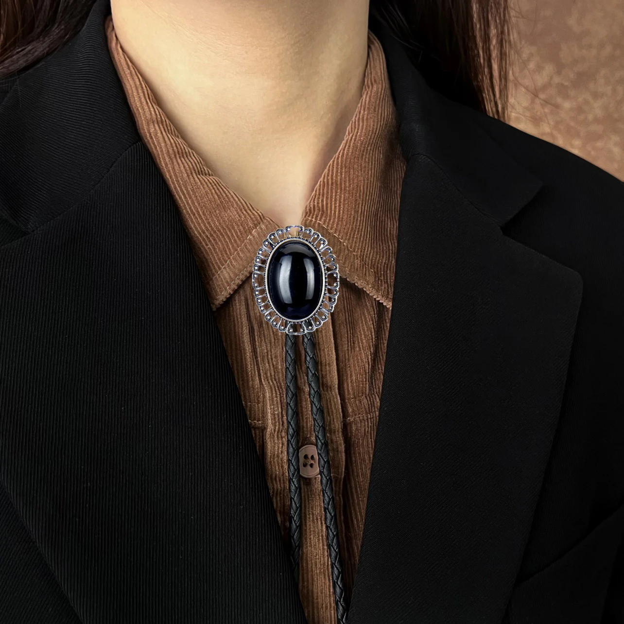 RechicGu Unisex Western Cowboy Leather Rope Bolo Tie Necklace Jewelry Fashion Mens Woman Gifts Necktie Retro Accessories