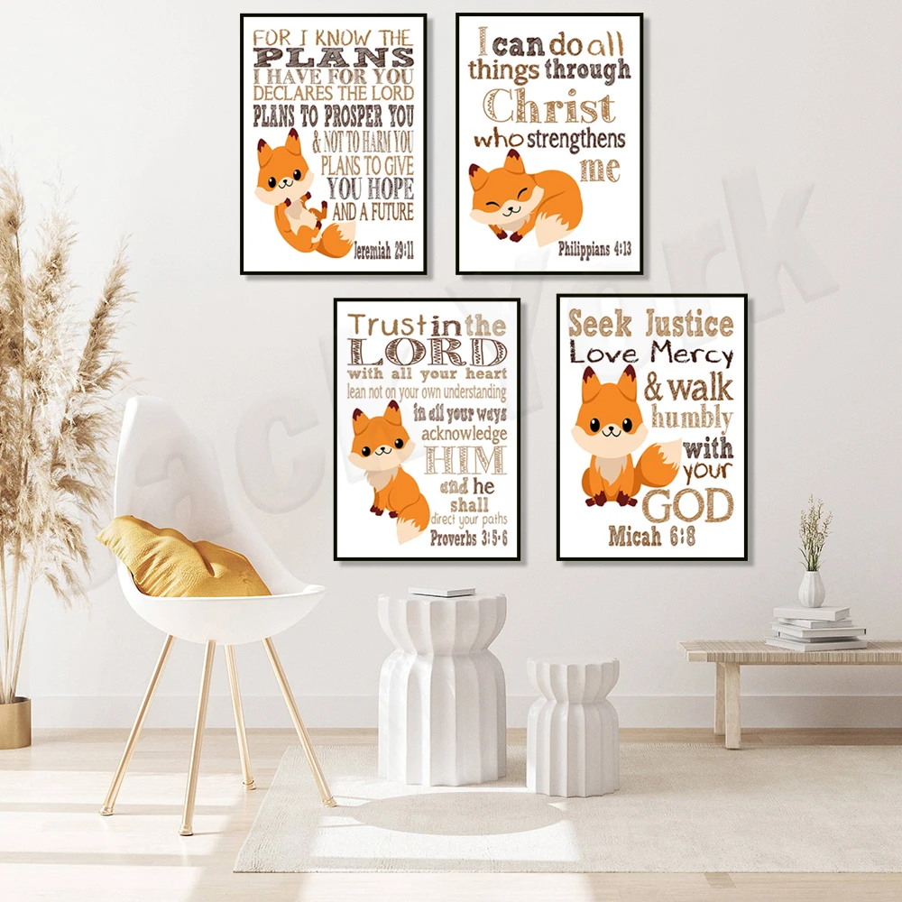 Woodland Fox Christian Bible Verse Quote Nursery Kids Room Wall Art Decor Poster