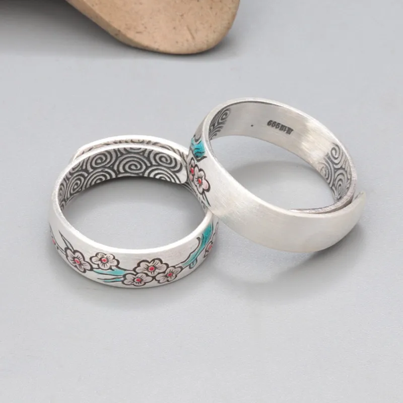 Sterling silver ring female 999 silver drop glue craft plum flower ring female retro matte  adjustment jewelry ring