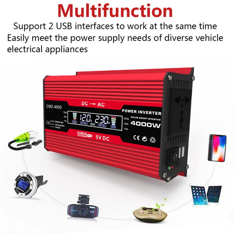 4000W Pure Sine Wave Inverter 12V/24V/48V/60V DC to AC 220V 110V Voltage Transformer Power Socket Converter for Car Home Outdoor