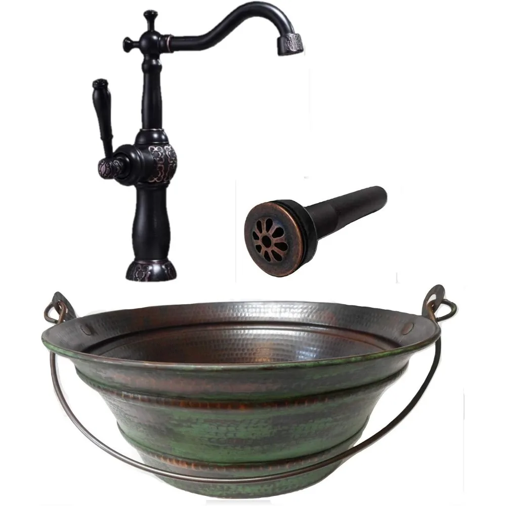 

15" Round Vintage Look Copper Bucket Vessel Sink with GREEN Patina with Drain and 13" ORB Clayborne Vessel Filler Faucet