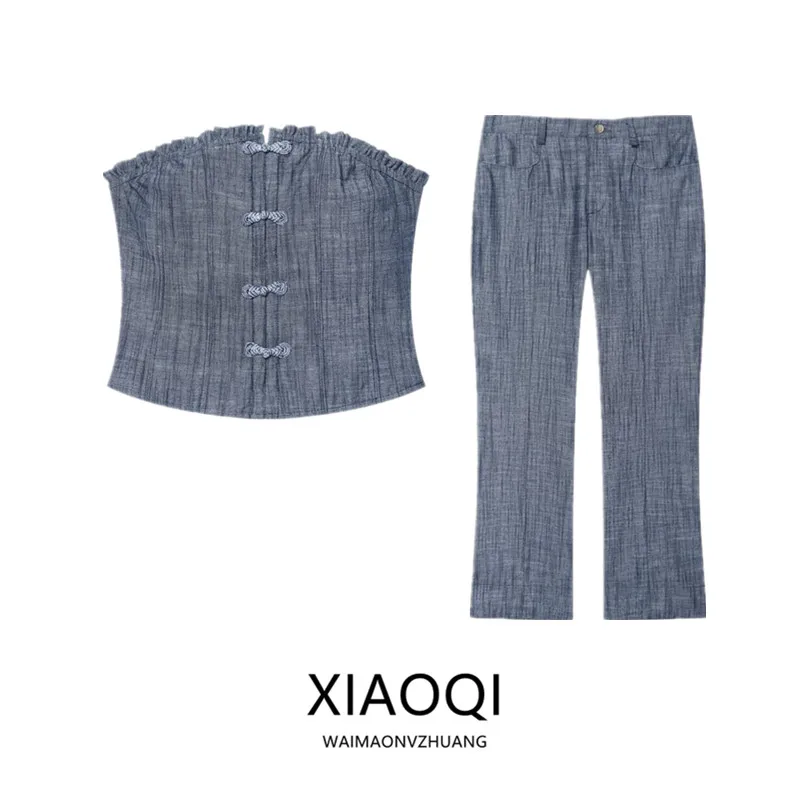 Summer 2026 New Women's Clothing Rope Buckle Tube Top mid Waist Long Pants Fashionable Elegant Lady's Outfit