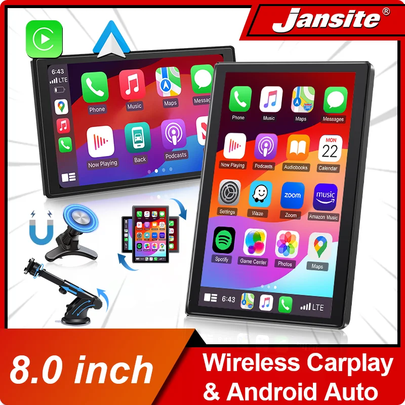 

8 inch Universal Portable Rotatable Car Screen Wireless Carplay Android Auto & WIFI Mirror Link Parking Rear Camera AUX Stereo