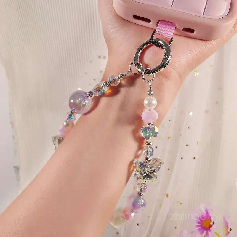 Mobile Phone Lanyard Crystal Bow Rhinestone Round Ball Pearl Mobile Phone Lanyard Small Fresh Wrist Rope Hand-beaded Lanyard