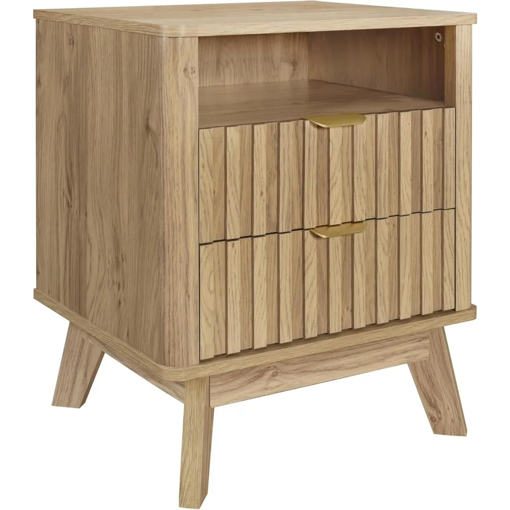 

Oak Fluted 2-Drawer Nightstand – 15.7"D x 18.9"W x 24"H Bedside Storage for Bedroom or Living Room