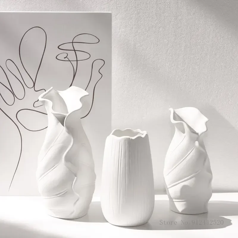 Nordic Creative Ceramic Flower Arrangement Dry Flower Ware, Home Decoration, Bedroom, Living Room, Art White Porcelain Vase, 1Pc