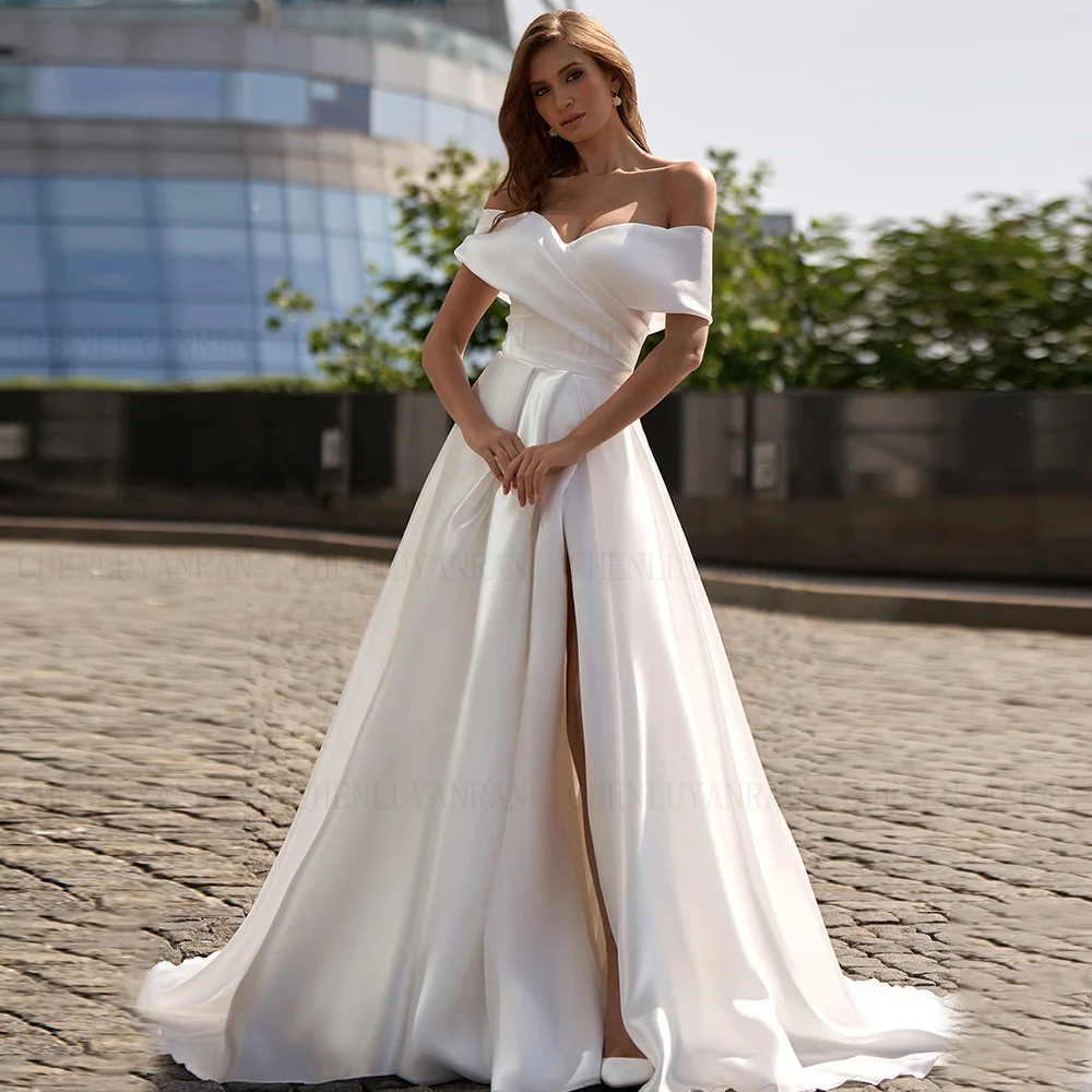 

Off-The-Shoulder Wedding Dresses Pleat V-Neck Pleat Satin Bride Dress Custom Made Sexy Dress For Women 2024 Robe De Mariée