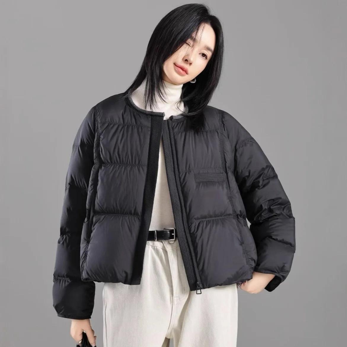 Autumn and Winter Fashion Women's Down Jacket Commuter Round Neck Short 90 White Duck Down Jacket