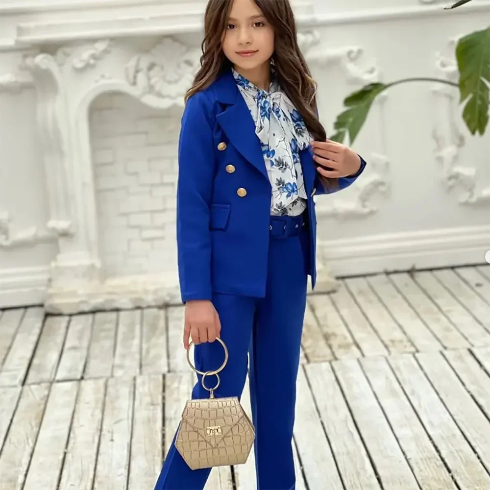 High Quality Royal blue Girls Blazer Double Breasted Lapel Kids Jacket+Pants Loose Formal Teenage Casual Outfits