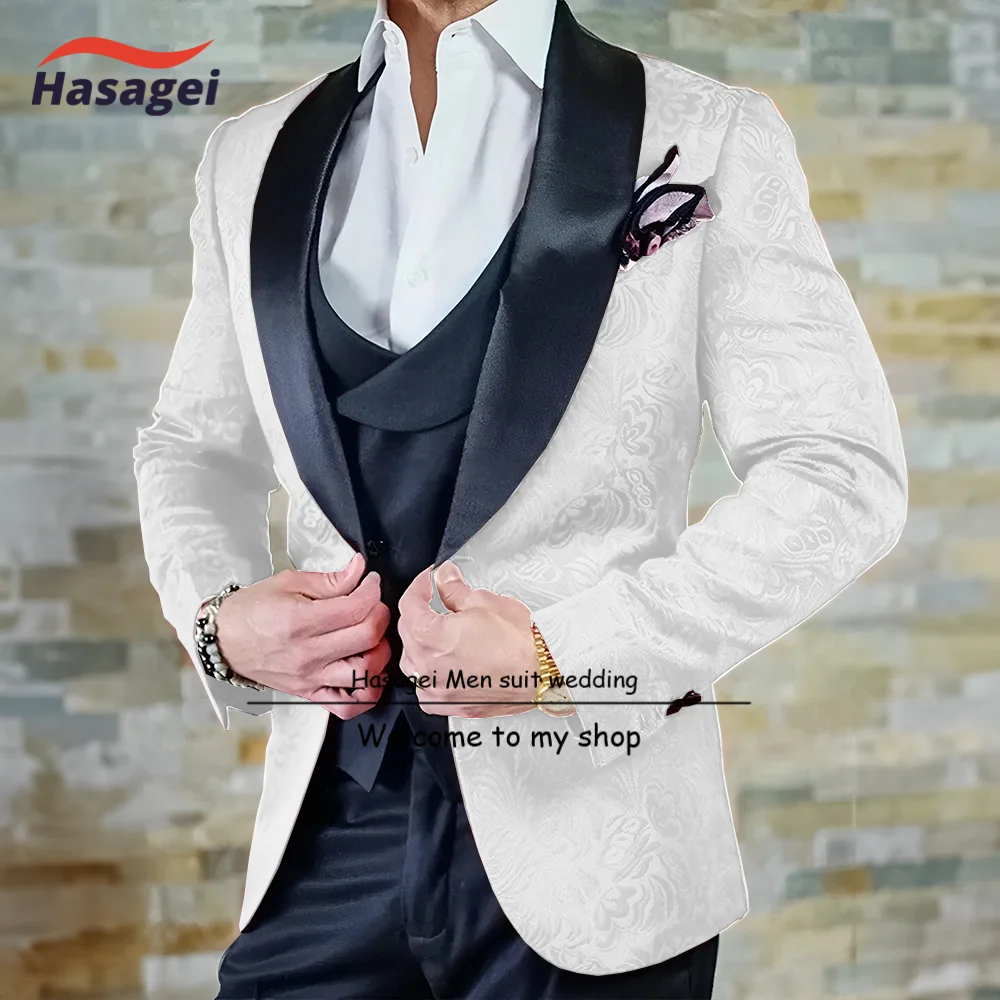 Fashion Floral Men's Suit 3 Pieces Slim Fit Shawl Lapel Jacket Vest Pants Set Prom Party Luxury Men's Tuxedo