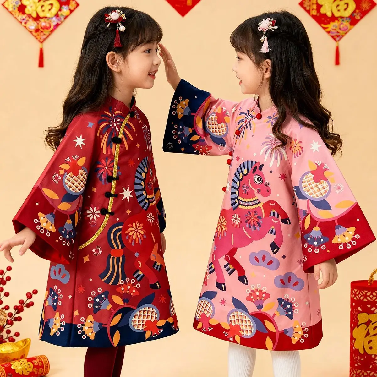 Sukienka w nowym chińskim stylu na zimę 2026 dla dziewczynek - inspirowana Qipao i Hanfu, suknia Tang, strój Cheongsam na Chiński Nowy Rok dla dzieci