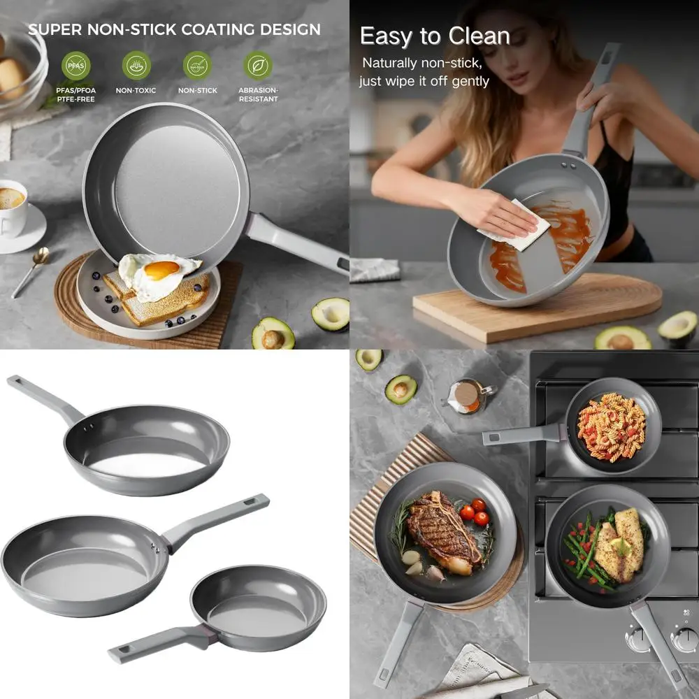 

3-Piece Non-Toxic Ceramic Frying Pan Set, 8, 10 & 12, PFTE/PTFE Free, Induction Ready, Dishwasher Safe Gray Cookware