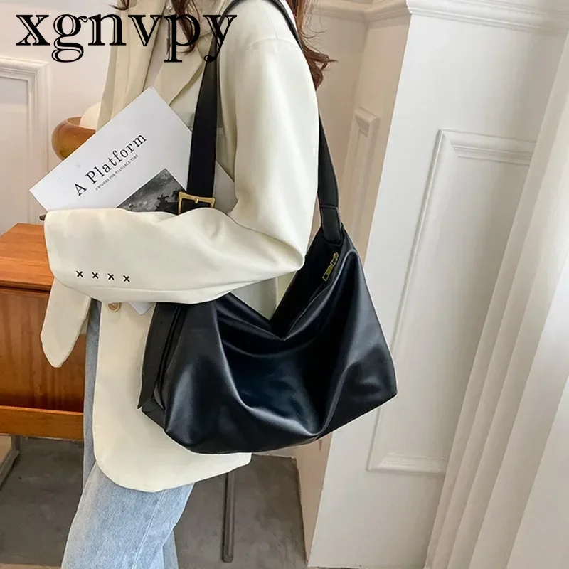 xgnvpy Woman Shoulder Bag Casual Tote PU Leather Vintage Shopper Luxury Handbag Large Capacity Solid Color Crossbody Bag