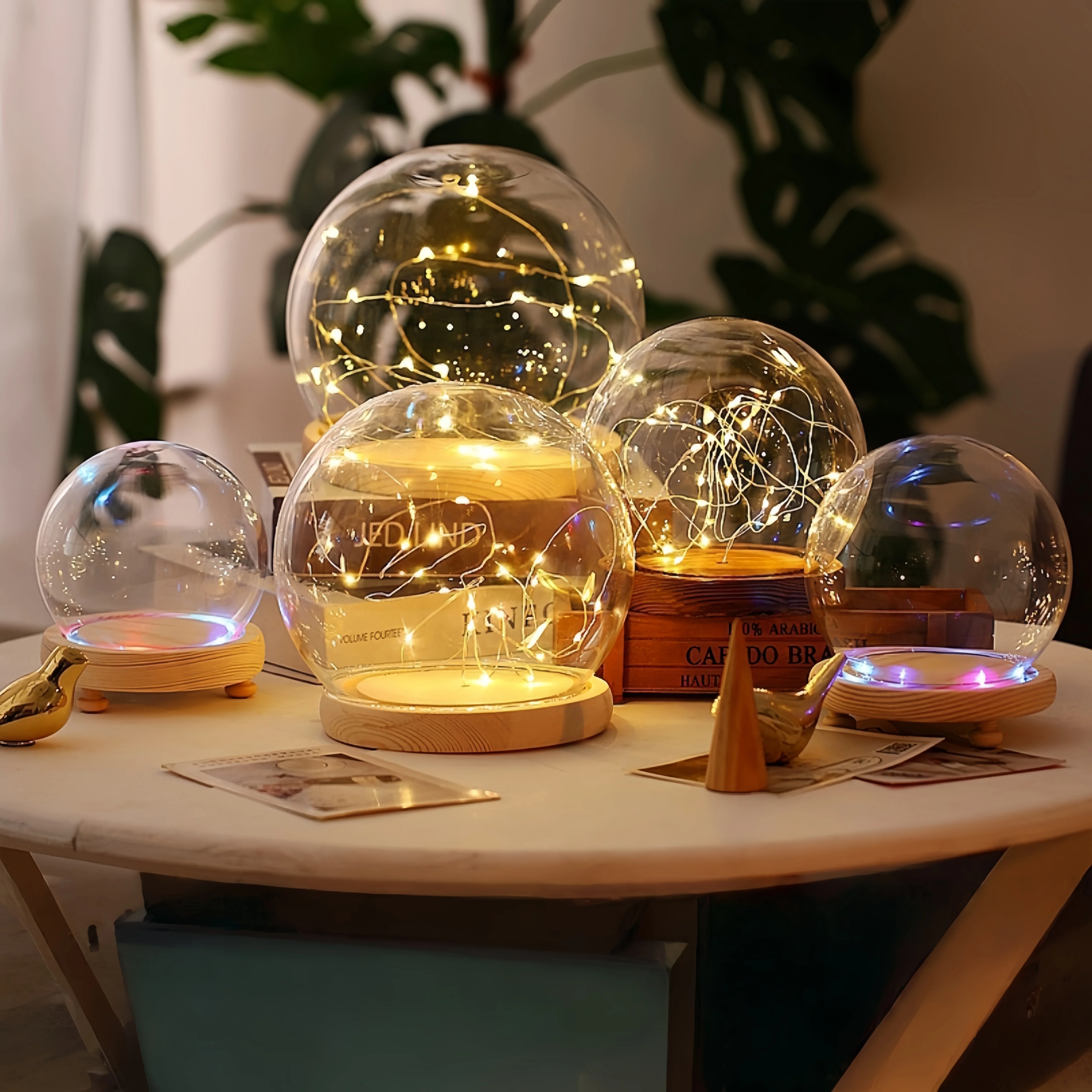 DIY pusta szklana kula śnieżna z oświetleniem LED promocyjny model dłoni opakowanie na prezent z kurzu lekka śnieżna kopuła kwiatowa z drewnianą podstawą — zdjęcie 6