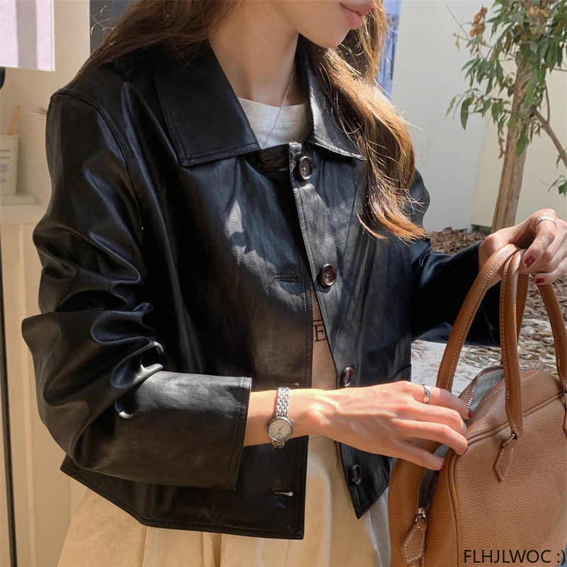 Sexy Short Coats Outerwear High Street Cute Fashion French Design Button Solid Black Leather PU Chic Korean Short Jackets