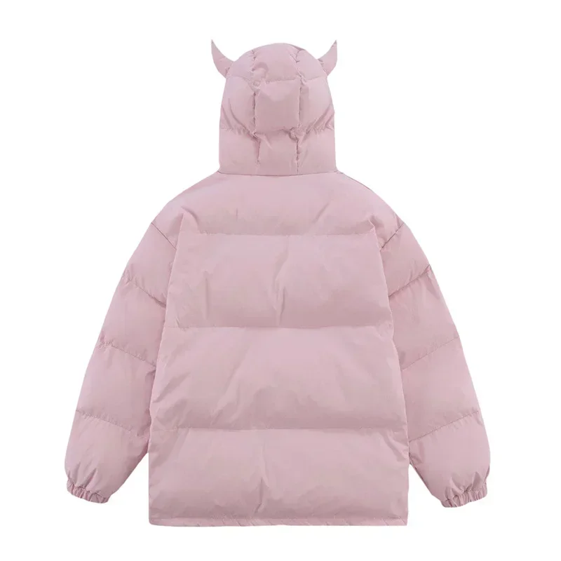 Devil Horn Hooded Puffer Jacket Winter Women Zip Up Long Sleeve Quilted Coat Tops Soft Warm Clothes Outwear Streetwear