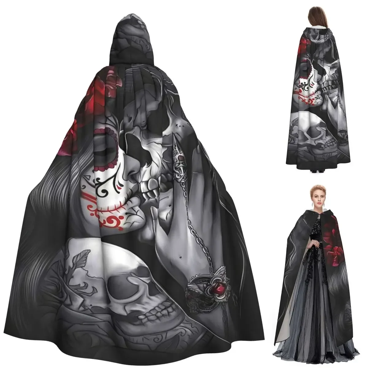 Custom Mexican Catrina Girl Day Of The Dead Sugar Skull Long Hooded Cloak Witch Medieval Costume Cosplay Cape Halloween