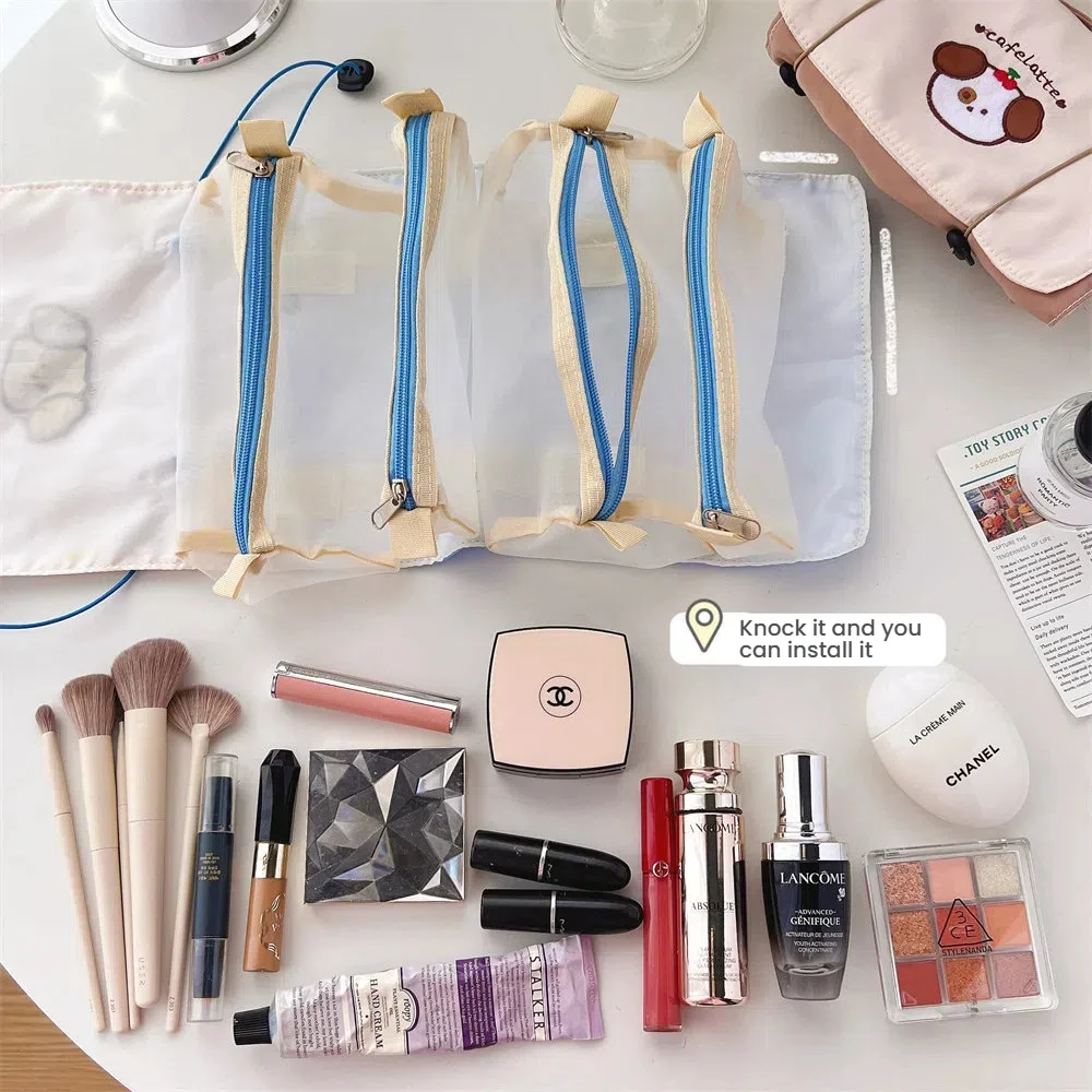 Bolsa de almacenamiento de malla desmontable, bolsa de maquillaje, bolsa de aseo portátil de viaje cuatro en uno de gran capacidad.zwq