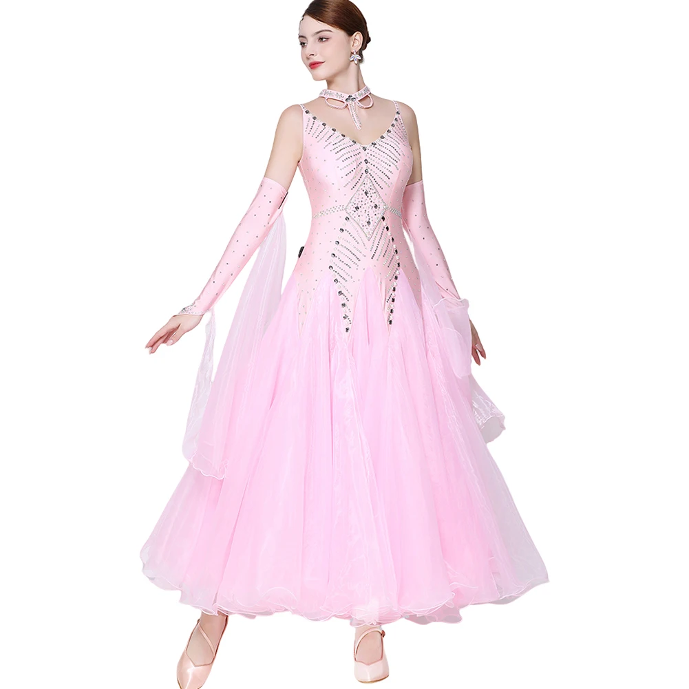 왈츠 볼룸 드레스 경쟁 핑크 라이트 퍼플 스트랩 볼룸 댄스 기질 라인 석 긴 소매 화이트 그린 v 넥