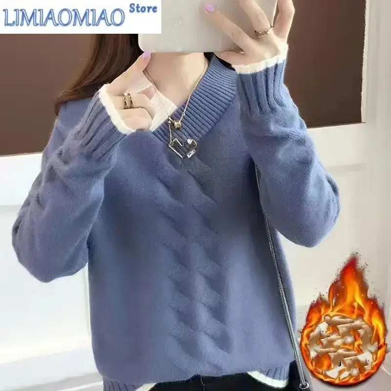 

New Autumn and Winter Fashion Korean Version Lazy Style Color Blocking V-neck Plush Loose and Versatile Women's Knitted Sweater