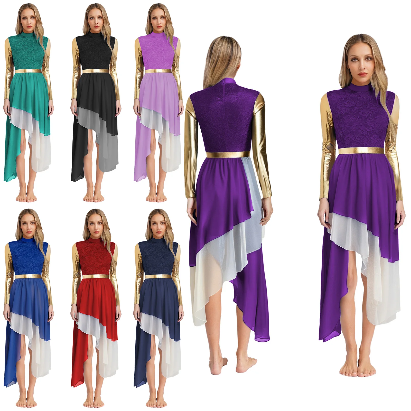 

2025 New Womens Lyrical Liturgical Dance Costume Metallic Long Sleeve Tiered Chiffon Hem Dresses Praise Contemporary Dancewear