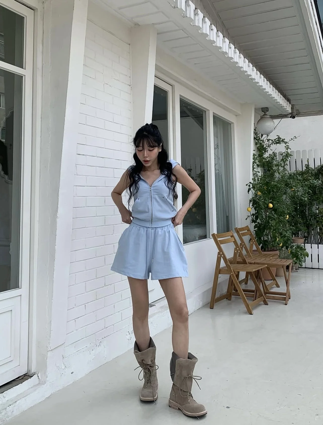 

Elegant Pure Color Sleeveless Vest And Shorts Two-Piece Set Dongda Gate Women's Fashion Summer Outfit Zipper Closure Casual Wear