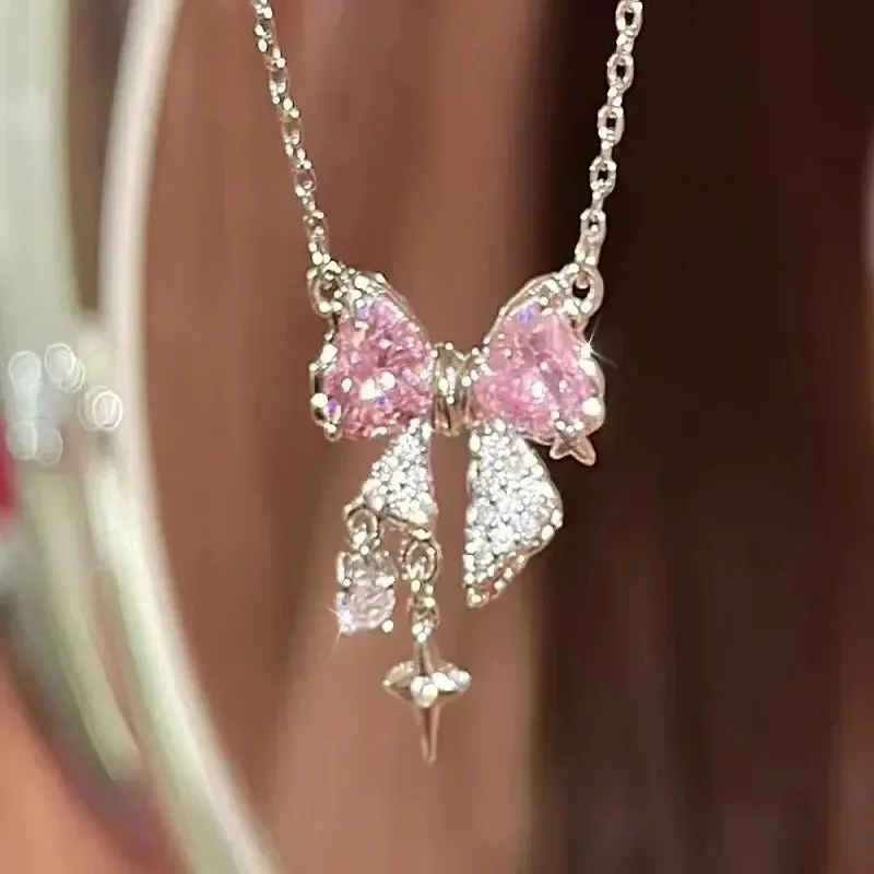 Fashion Fairy Pink Crystal Bow Knot Pendant Necklaces Y2K Girls Sweet Rhinestone Heart Clavicle Chain Women Jewelry Gifts