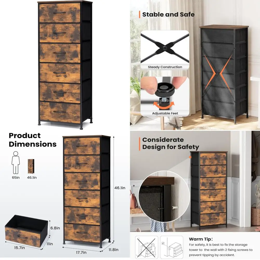 

Vertical Dresser Storage Tower - Steel Frame, Wooden Top, Fabric Bins - Bedroom Organizer Unit