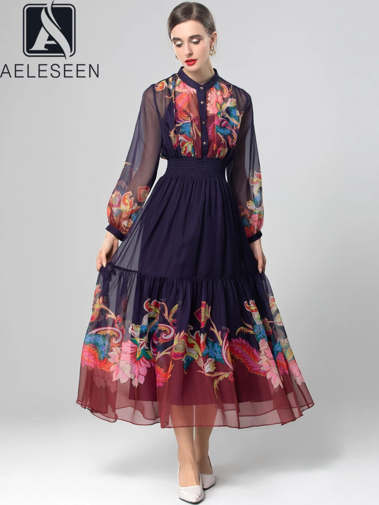 AELESEEN Runway Fashion Chiffon Dress Women Spring Autumn Lantern Sleeve Ethnic Flower Print Wasit Elastic Elegant Long Party