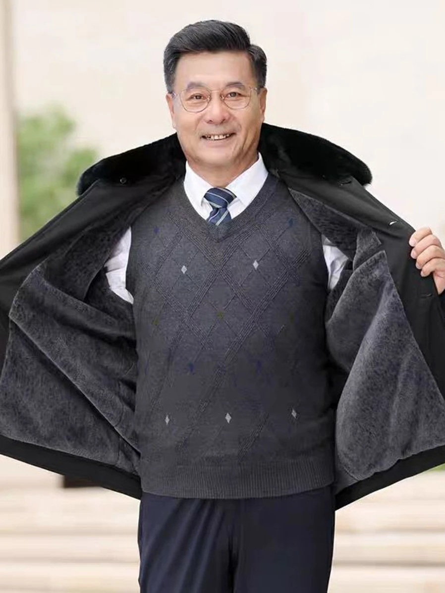 

Thiened Casual Loose Cotton Jaet for Middle-Aged And ly Men Winter Outerwear Warm Fce-Lined Busin Gentleman Sle