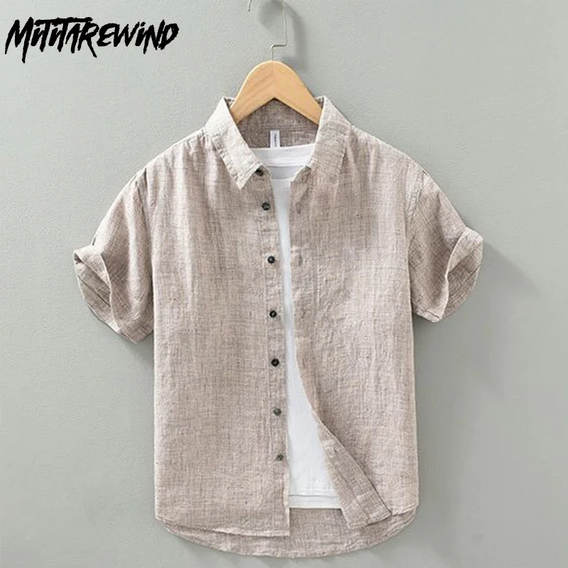 

Summer Men Linen Shirts Beach Causal Short Sleeve Shirt Simple Square Collar Plain Shirt Breathable Top Japanese Vintage Clothes