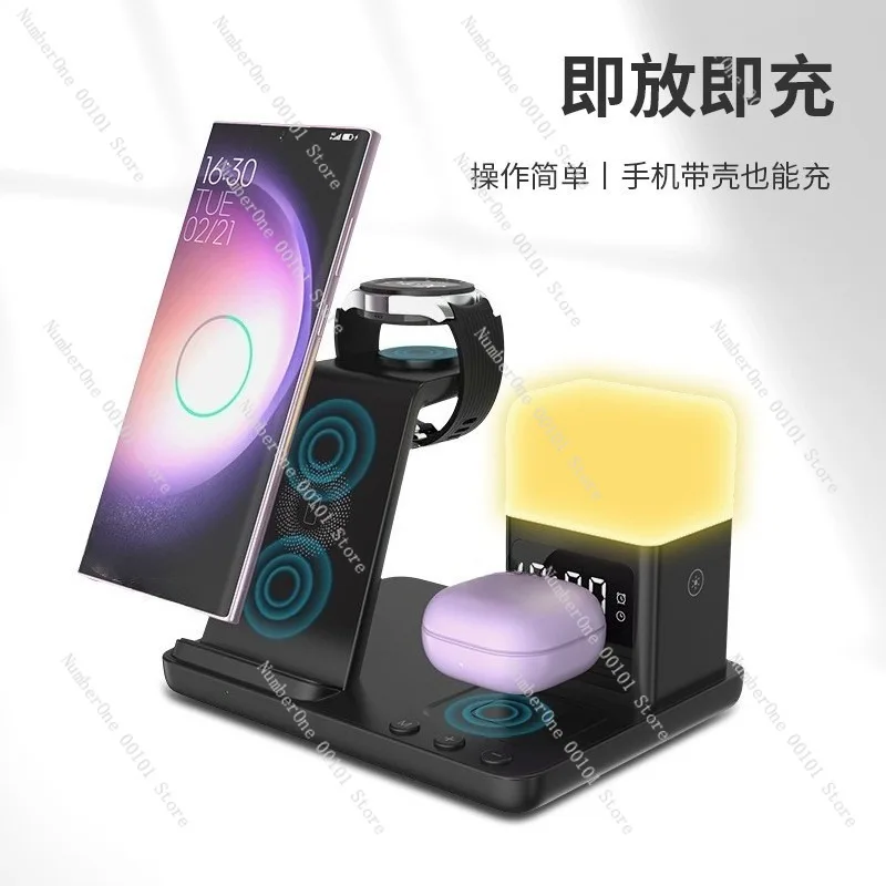 Multifunction 6 In 1 Wireless Charging Desktop Stand Fast Charging Station with Night Light Smart Alarm Clock Watch Charger