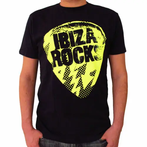 Ibiza Rocks Men's T Shirt Neon Logo Yellow Bolt Plectrum Festival Tee Party Top