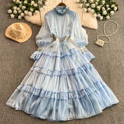 Summer Autumn Bead Long Sleeve Maxi Satin Cake Dresses Women Bling Shiny Luxury Formal Evening Dress Lady Prom Party Vestidos