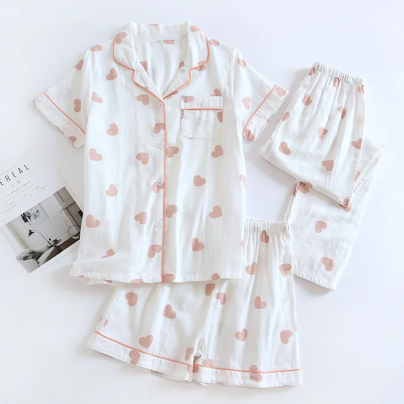 New spring and summer women\'s pajamas three-piece set short sleeves + shorts + trousers 100%cotton gauze love print homewear set