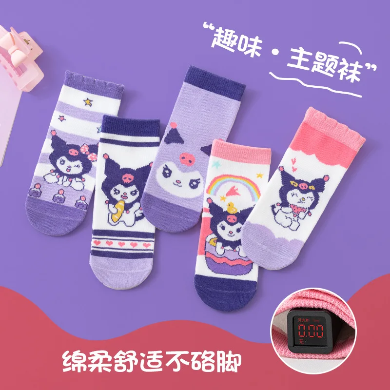 5 pares para meias kuromi meias infantis de algodão primavera/outono e meias versáteis antibacterianas e resistentes a odores presente confortável