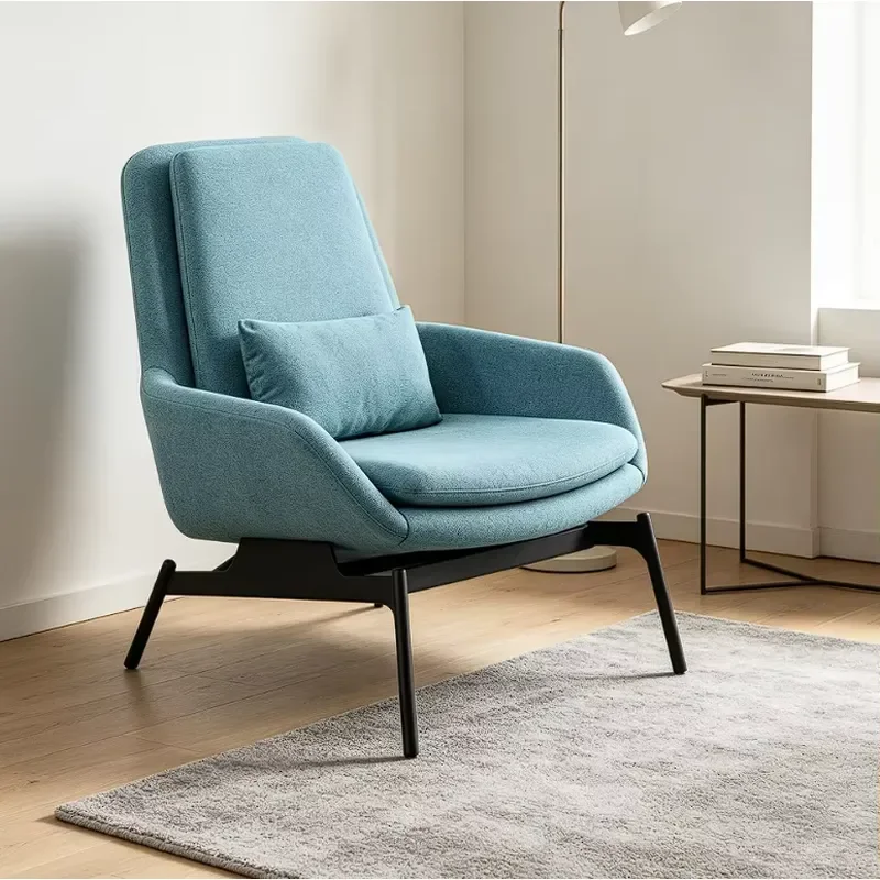 Italian Style Lake Blue Linen Fabric High Back Leisure Lounge Chair with Steel Frame for Living Room Apartment Exhibition