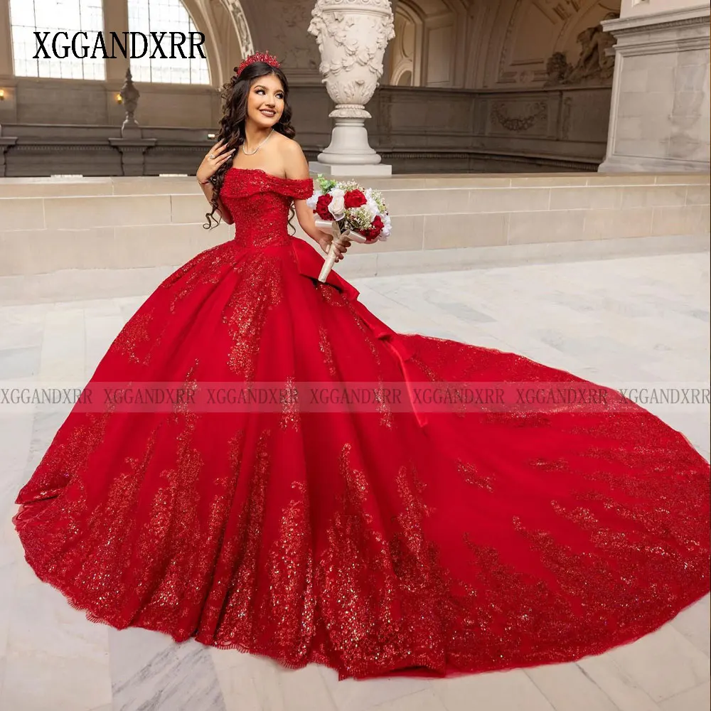 Vestido De quinceañera De tren largo De princesa roja, vestido De baile con hombros descubiertos, corsé, desfile, dulce 15, fiesta, Años XV, 2024