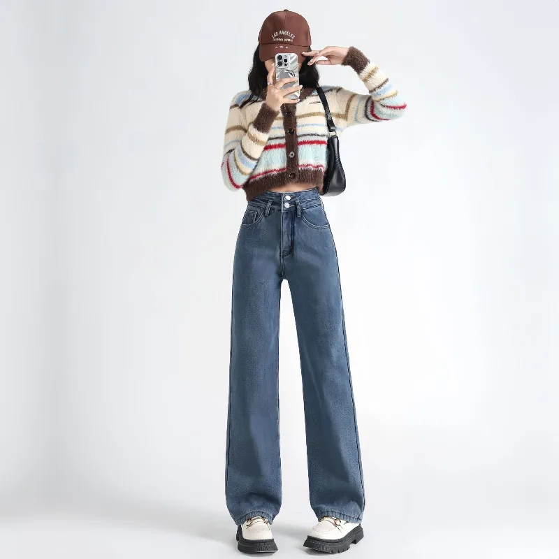 여성용 두꺼운 배기 스트레이트 진 겨울용 따뜻한 하이웨이스트 벨벳 안감 와이드 레그 데님 팬츠 한국 패션 솔리드 캐주얼 바케로스