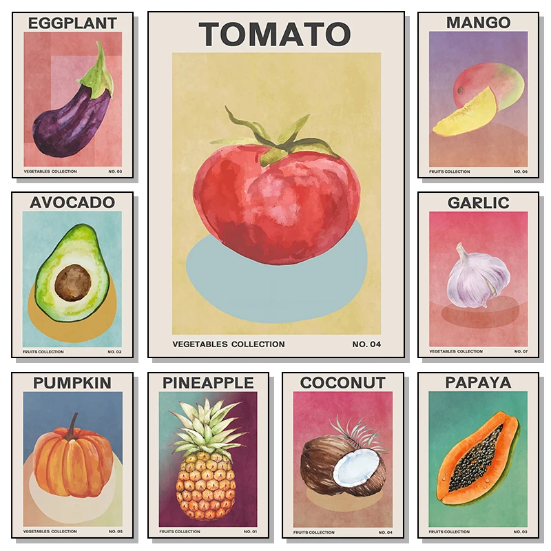 Póster HD de dibujos animados de frutas y verduras, serie de mercado, tomate, ajo, plátano y coco, pinturas en lienzo e impresiones para decoración de la habitación del hogar