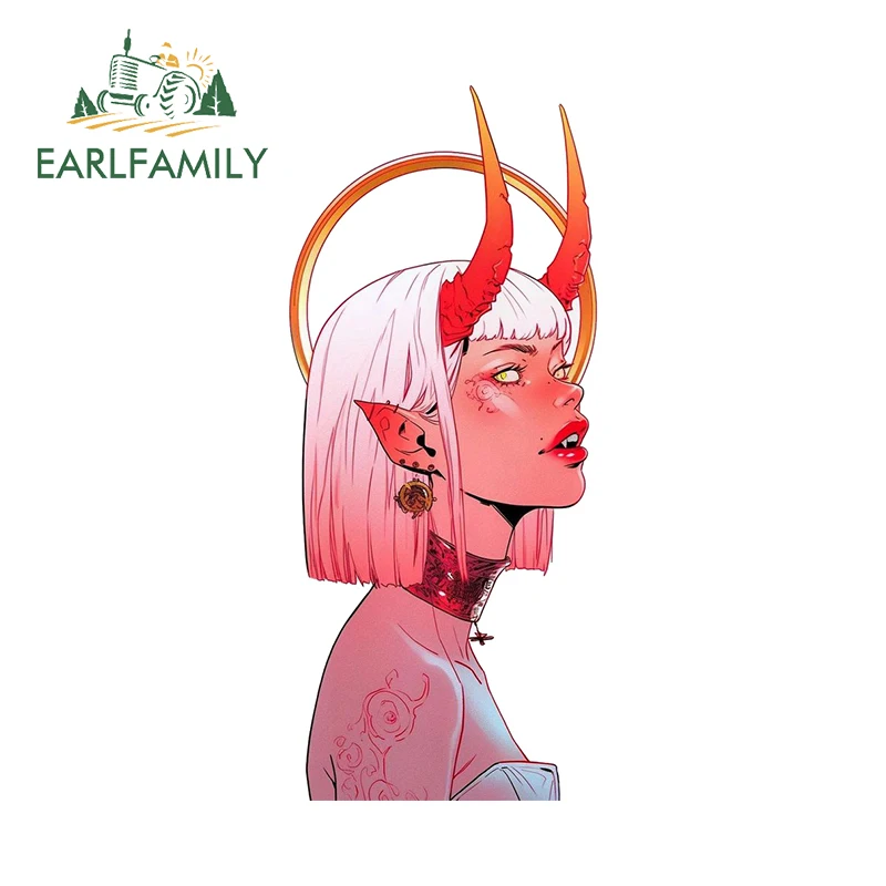 EARLFAMILY 13cm x 5.6cm Demon Woman Peeker Car Stickers Simplicity Long Horn Tattoo Decal Fashion Motorcycle Surfboard Decor